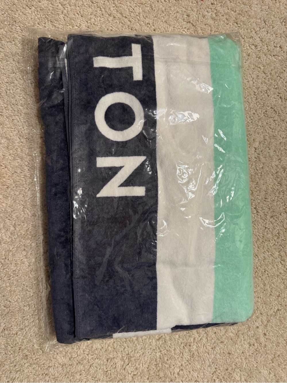 Peloton Navy White Mint Striped Bath or beach Towel NWT